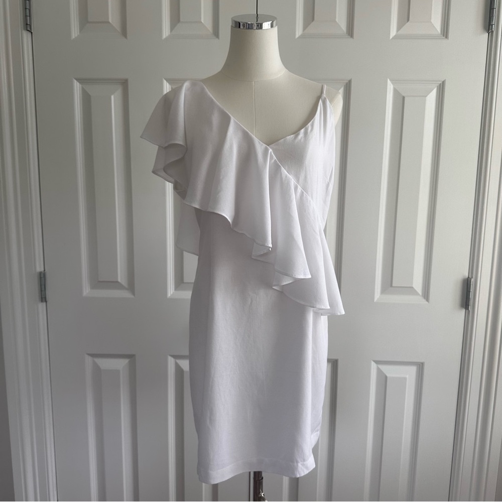 NWT DO+BE White One Shoulder Asymmetrical Ruffle Spaghetti Strap Dress Size L